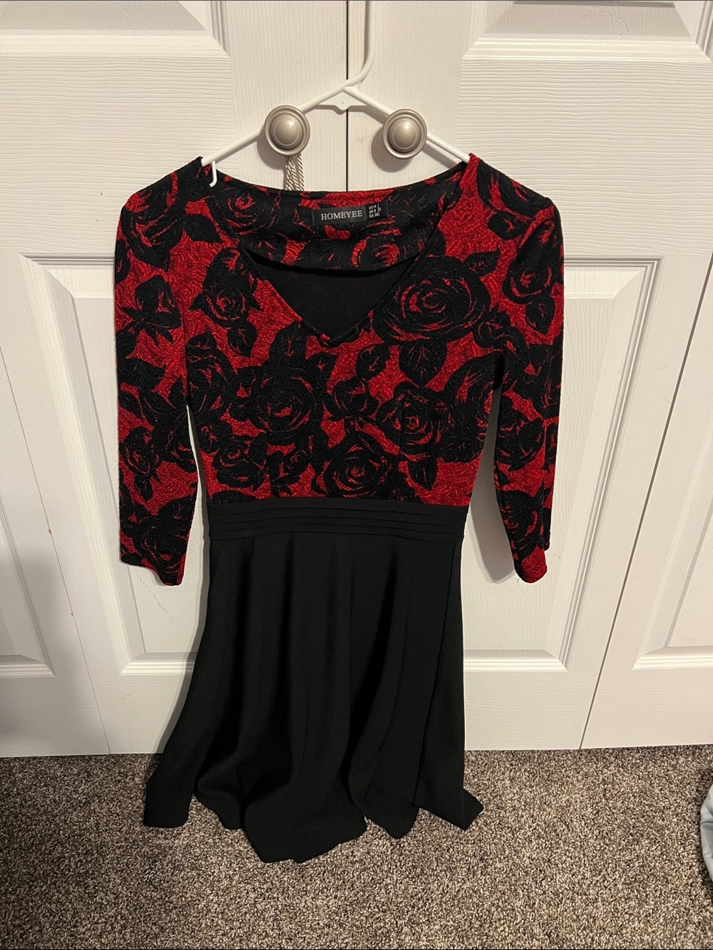 Romantic Red & Black Rose-Print Long Sleeve Dress by Romybee